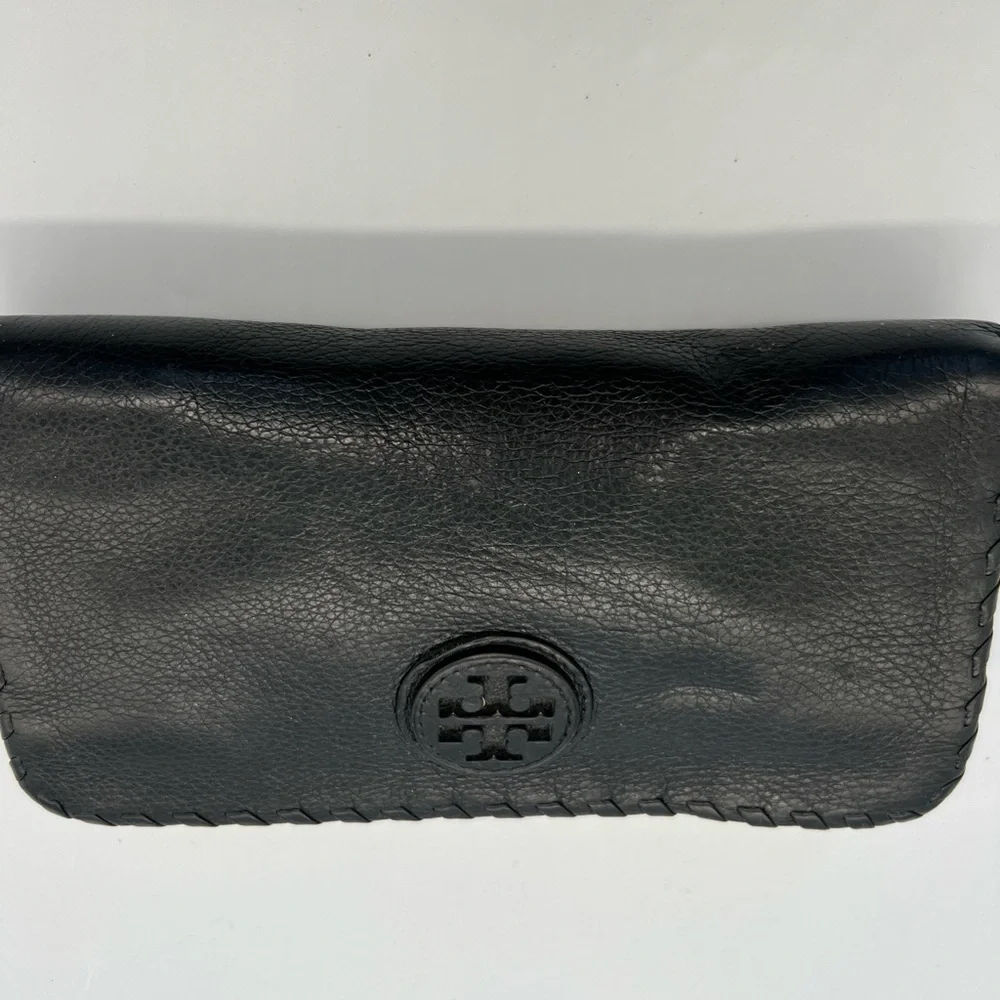 Tory Burch Black Leather Zip-Around Wallet with Whipstitch Detail
